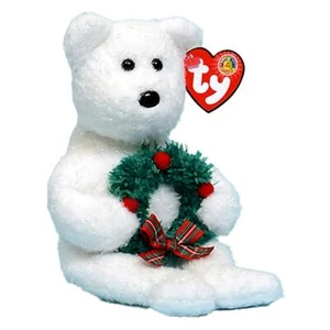 Merriment Ty Beanie Baby White Christmas Bear with Wreath Retired MWMT - Picture 1 of 1