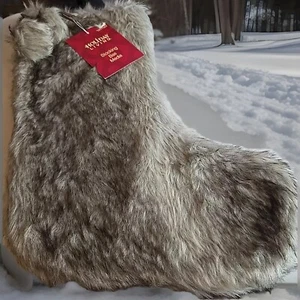 NWT Gray Faux Fur Luxury Christmas Holiday Stocking Pom Poms 20” Soft Silky Boho - Picture 1 of 6