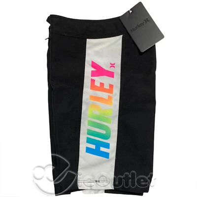 NWT Hurley Boys Kids Board Shorts Swim Trunks Surf -White Stripe w/ Rainbow Logo - Image 1 of 3