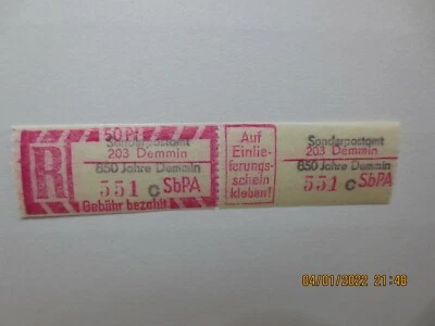 DDR Einschreibemarke SbPA 850 Jahre Demmin postfrisch Kennbuchstabe c - Bild 1 von 4