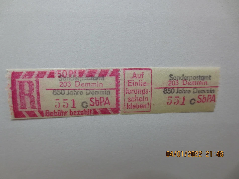 DDR Einschreibemarke SbPA 850 Jahre Demmin postfrisch Kennbuchstabe c - Bild 1 von 4