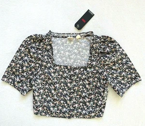 Levi's Cropped Top Women's Size M Black Pink Floral Square Neck Puff Sleeves - Picture 1 of 6