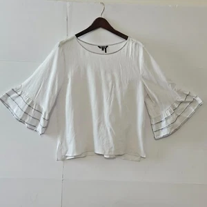 Nic + Zoe Size M White 3/4 Ruffled Flared Sleeved Linen Women's Blouse Shirt Top - Picture 1 of 19