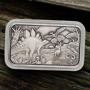 2025 CMG Mint 'DinoSaurs Reborn' 1 oz .999 Antiqued Silver Bar + COA - 50 Minted - Picture 1 of 6