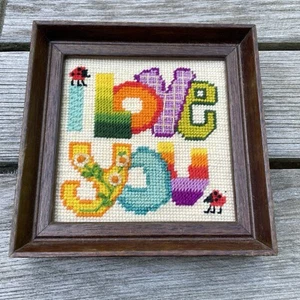 Needlepoint Art Small Framed 6" Square LOVE Pop Ladybug Bugs Wallhanging Daisy - Picture 1 of 4