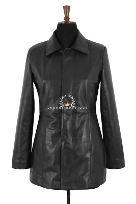 Ladies Classic Black Real Leather Jacket Conceal Button 3/4 Length Coat Shaylyn - Image 1 of 4