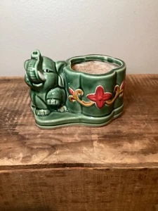 VTG Green Ceramic Elephant Trunk Up Planter Floral Base Trinket Bowl 4"h x 5.5"w - Picture 1 of 7