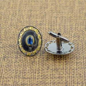 Kyanite Gemstone Cufflinks 925 Sterling Silver Gold Plated Jewelry Grandpa Gift - Picture 1 of 6
