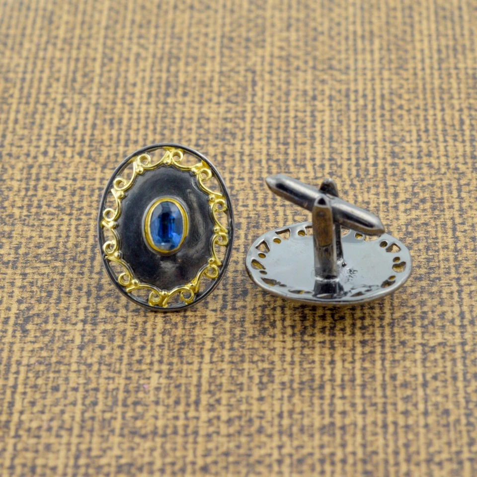 Gemelos de piedras preciosas de cianita enchapados en oro de plata de ley 925 joyería regalo para abuelo Foto 1 de 4