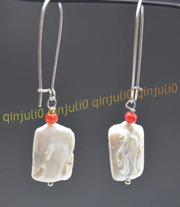 Natural 15x20MM Rare South Sea White Baroque Pearl Red Jade Drop Silver Earrings - Picture 1 of 4