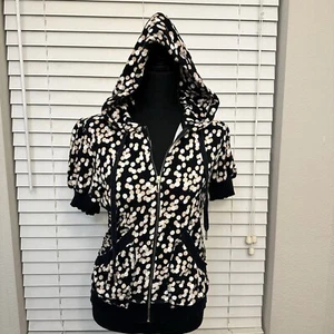 Vintage Juicy Couture Short Sleeve Hoodie Made USA XL Black Tan Terry Cloth - Picture 1 of 9