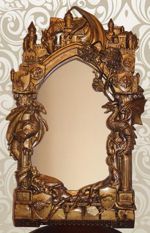 Unique Game of Thrones wooden Wall Mirror Antique gold paint Carved on Oak Cover