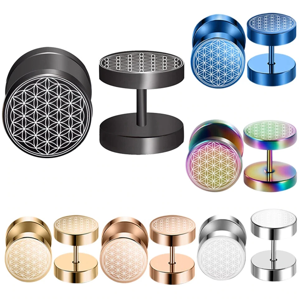 Acciaio Inox Falso Orecchini Spina Fiore Della Vita 10mm Nero Oro Rosa Argento - Immagine 1 di 1
