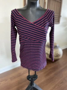 Deletta Anthropologie Medium Marin Ribbed Off Shoulder X Top Blouse Red Blue - Picture 1 of 11