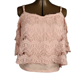 Love, Fire Lace Cropped Cold Shoulder Adjustable Straps Sheer, Lined Top Pink XL - Picture 1 of 22