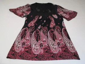 M&S PRETTY BLACK & PINK TALL PAISLEY PRINT CAPPED SLEEVE DRAPEY JERSEY TOP UK 8 - Picture 1 of 8