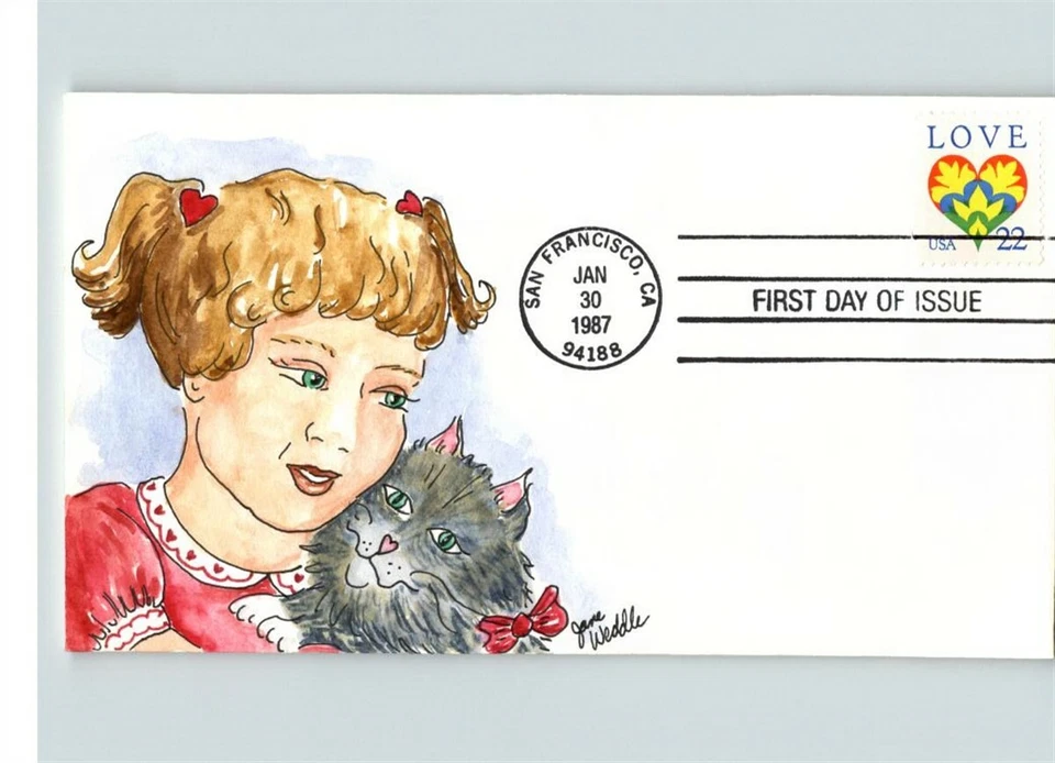 Scarce JANE WEDDLE Hand Painted CAT & Small Girl, LOVE 1987 First Day of Issue - Image 1 of 1