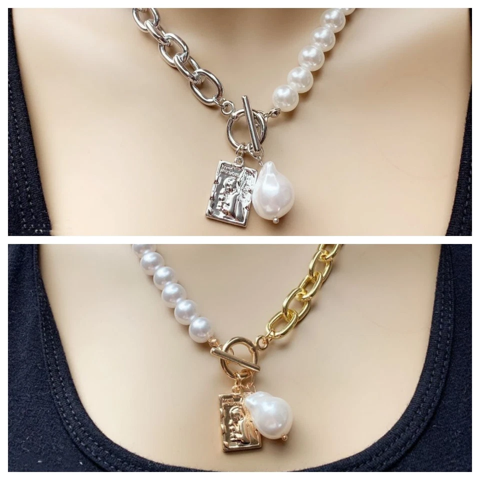 925 Placcato Argento Oro Perla Collegamento Strato Perlina Ciondolo Catenina - Immagine 1 di 1