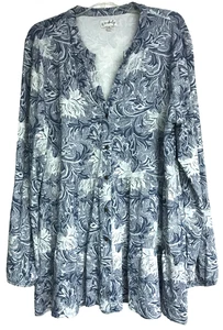 Wonderly Womans 2XL Blue Floral Button Up Tunic Top Long Sleeve - Picture 1 of 11