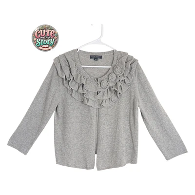 Banana Republic L 灰色荷叶边开衫毛衣意大利纱线羊毛羊绒混纺 — 第 1/4 张图片