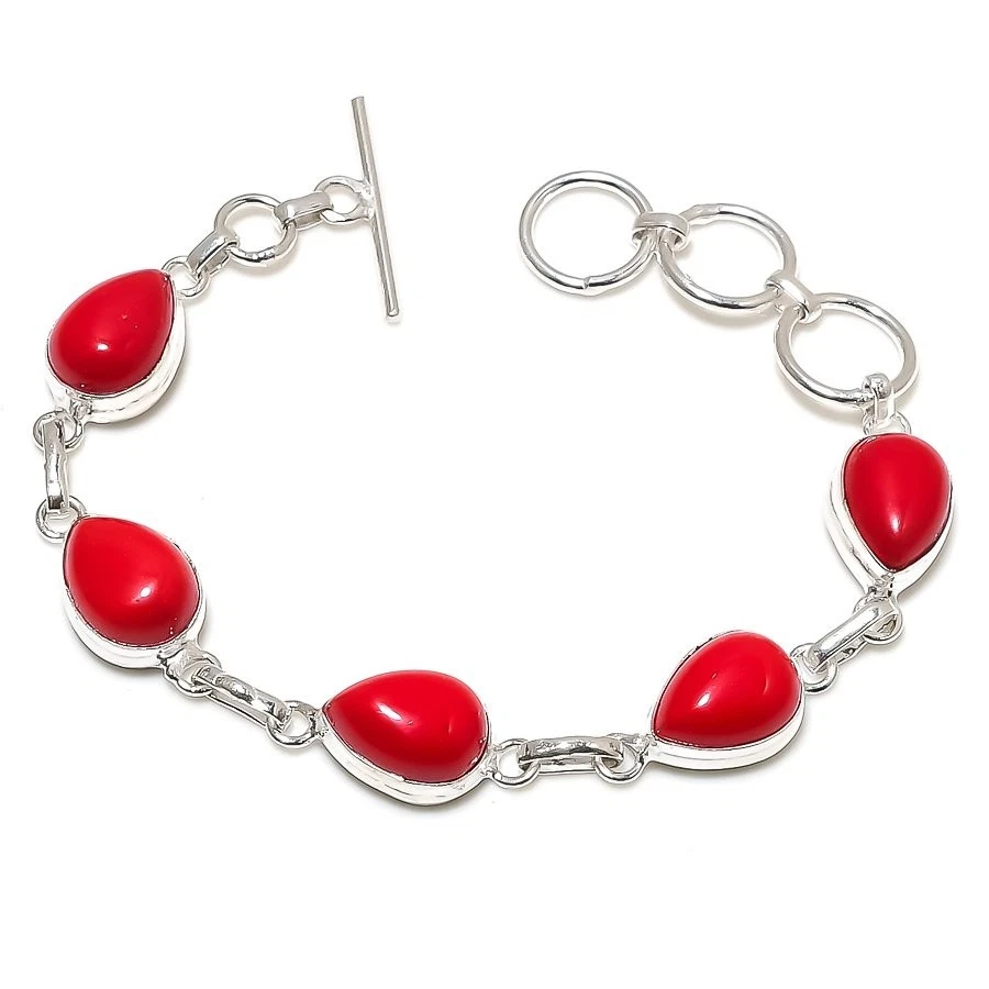 Brazalete Joyería Plata de Ley 925 Hecho a Mano Piedras Preciosas Coral Rojo Talla 7-8 Foto 1 de 1
