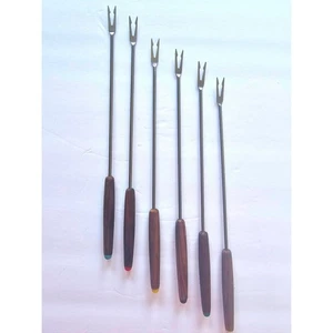 Vintage Fondue Forks Wood Stainless Steel Japan Colored Tips Set of 6 Retro - Picture 1 of 5