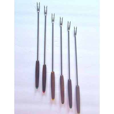 Vintage Fondue Forks Wood Stainless Steel Japan Colored Tips Set of 6 Retro - Image 1 of 4