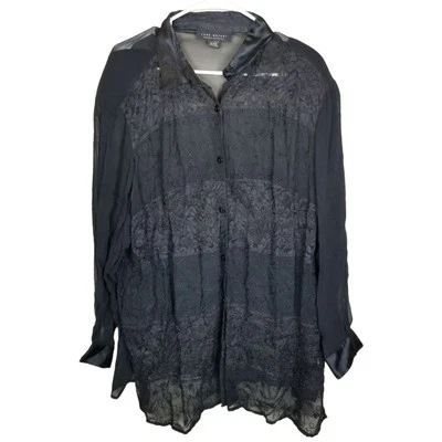 Lane Bryant Button Down Shirt Women 14/16 Black Plus Size Top Sheer Blouse Lace - Image 1 of 4
