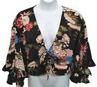 Haute Rogue Womens Top Size S Cropped Tie Front Black Floral Wise Ruffled Sleeve