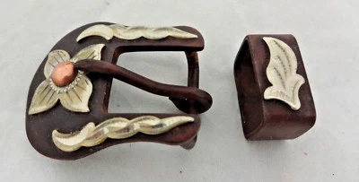 Conjunto de 2 fivelas de ferro marrom floral prata alemã sobreposição cabeceira 5/8 ocidental - Imagem 1 de 2