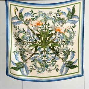 100% Mulberry Silk Square Soft Scarf Womens Neck Shawl Wrap Bird Print Blue Pink - Picture 1 of 10