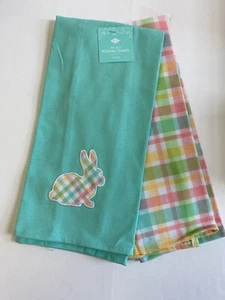 Set of 2 Easter pastel plaid and Aqua w/ bunny Kitchen Towels 16" x 26" - Picture 1 of 1