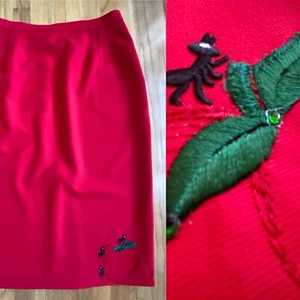 Vintage Novelty Pencil Skirt *20W* RED Teacher Midi Embroidered Skirt Pockets - Picture 1 of 7