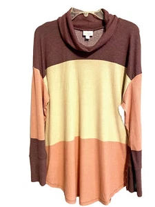 LuLaRoe Women Plus 2XL Cowl Neck Tan Coral Burgundy Stripe Poly Blend 31 In Long - Picture 1 of 8
