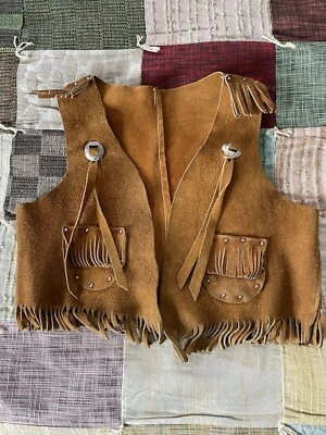 Chaleco vaquero vintage de gamuza 100 % cuero Sears Kids de la década de 1970 con flecos talla L 27-32 libras Foto 1 de 4