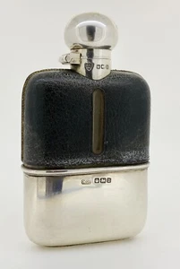 Frasco de cadera G & J W. Hawksley inglés de plata de ley 925 y cuero, antiguo c1904 - Imagen 1 de 7