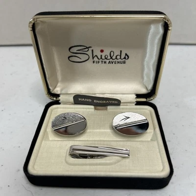 复古 Shields Fifth Avenue 袖扣原装盒银色带领带夹  — 第 1/4 张图片