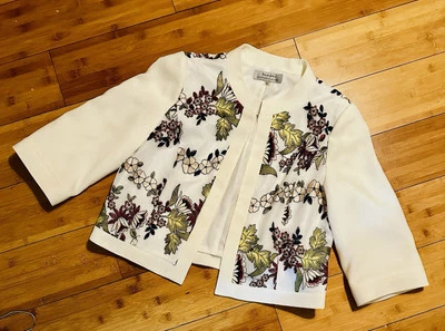 Jaqueta Tahari ASL bordada floral malha sobreposição branca aberta tamanho 12 - Imagem 1 de 4