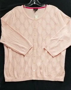 🌸 Talbots Womens Pointelle Crew Neck 3/4 Sleeve Pink Cardigan ~ Sz XL ~ NWT - Picture 1 of 5
