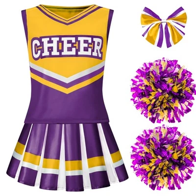 Disfraz de animadora púrpura para niña, lindo traje de uniforme de animación de Halloween con accesorio... Foto 1 de 4