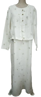 Lagenlook Linen Maxi Dress & Jacket L Large Potato Clothing Empire White Floral - Image 1 of 4