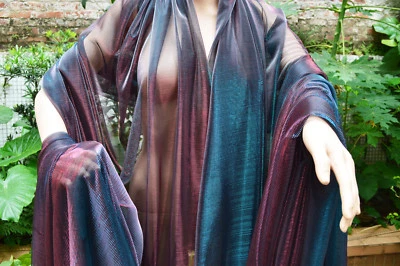 M09 Teal Blue Red Metallic Iridescent 2 Tones Stretch Mesh Net Fabric Material - Image 1 of 4