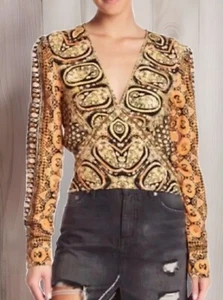 Free People Top Wild And Free Crop Blouse Orange Black L/S Sexy Plunge Large - Picture 1 of 8