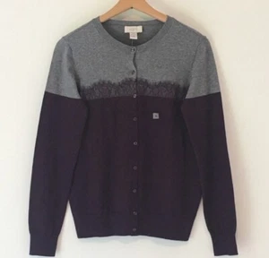 LOFT Outlet Sweater Cardigan Color Block Lace Long Sleeve M Gray Purple Button - Picture 1 of 5