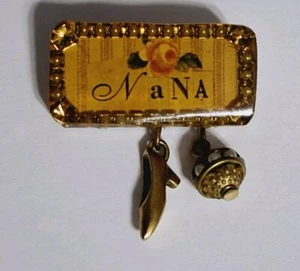 Maximal Art By John Wind "NANA" Pin Brooch With 2 Gold tone Dangling Charms - Picture 1 of 6