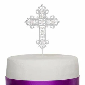 Cross Cake Topper Silver Religious, Wedding, Baptism, Christening, Dedication - Picture 1 of 9