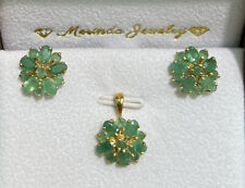 14k Solid Gold Cluster Stud Earrings & Pendant Set, Natural Emerald 4.14,Grams