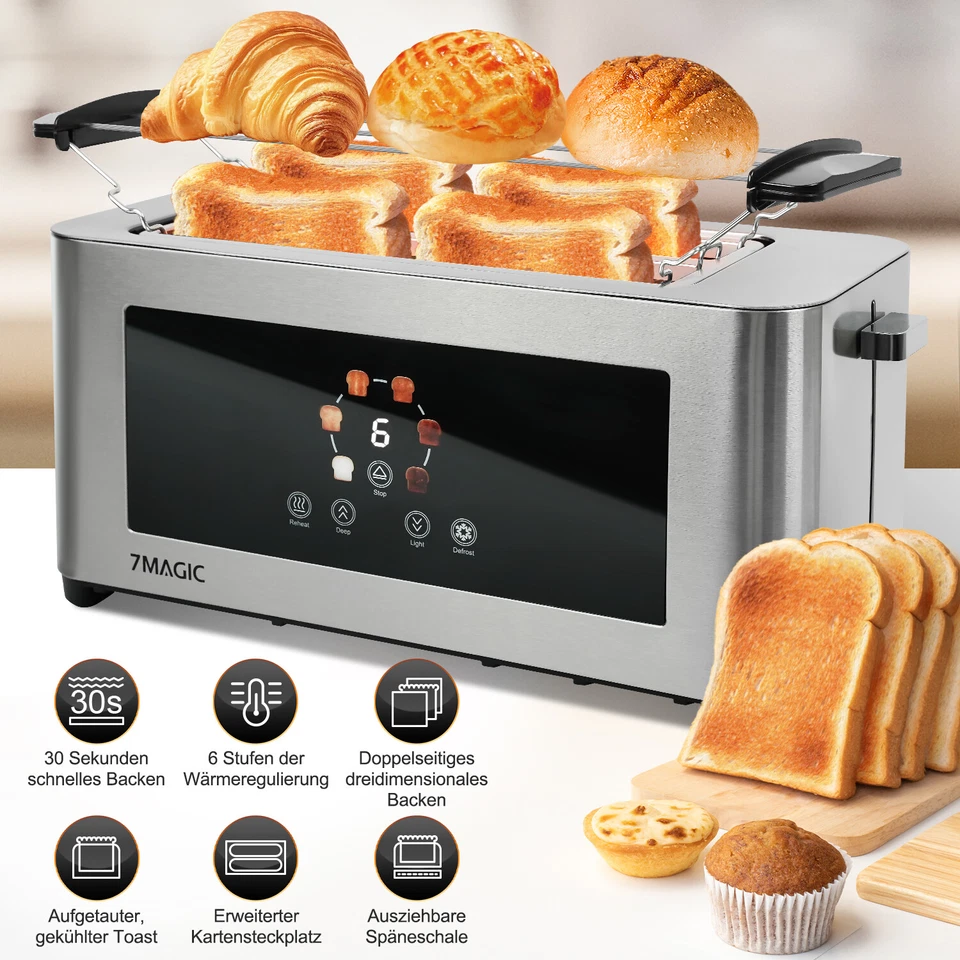 7MAGIC Toaster 4 scheiben Profi Edelstahl Toaster 1400W mit brötchenaufsatz LCD