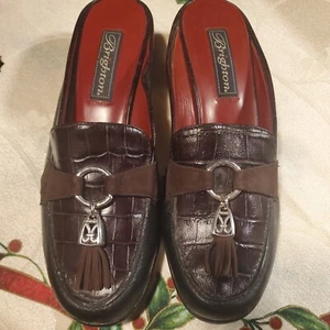 Brighton Alma Slides Mules Shoes Brown Leather Croc Patter Tassel Slip On Sz 7 - Picture 1 of 23