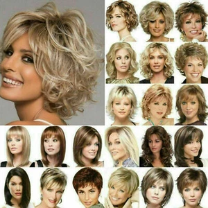 Womens Short Curly Straight Wig Real Natural Brown Blonde BOB Wavy Hair Wig Gift - Picture 1 of 25